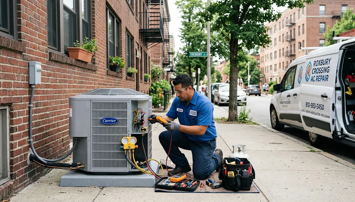 Professional AC repair service technician working in Boston MA home