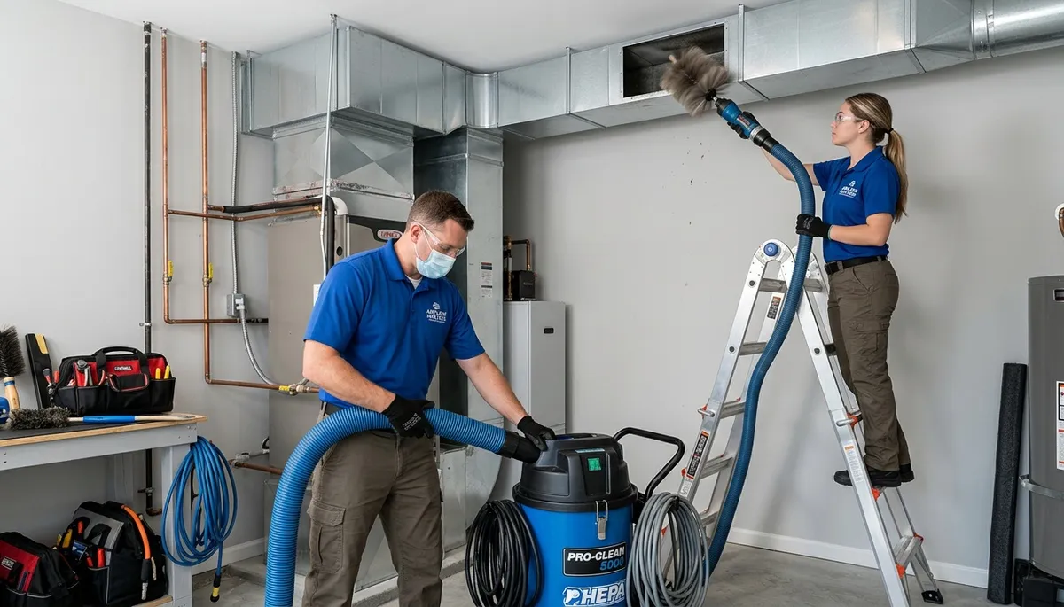 Technician cleaning air ducts for HVAC system in Boston MA home | Five Star Cooling