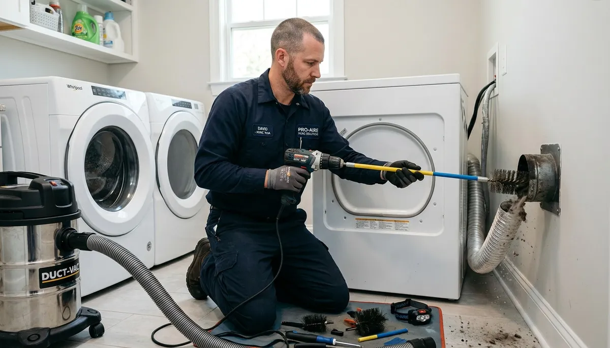 Technician performing professional dryer vent cleaning service in Boston MA for Five Star Cooling