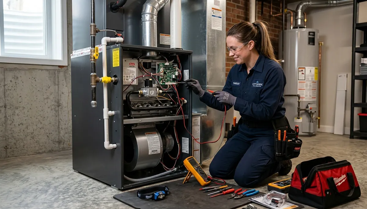 Technician performing furnace repair in Boston MA home for Five Star Cooling heating service